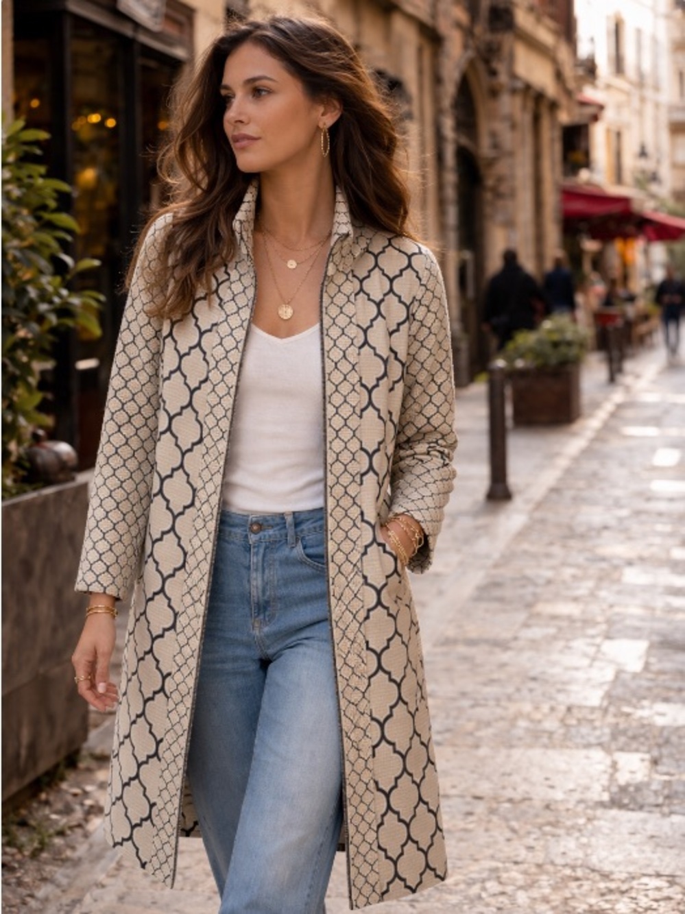 SPANNER Cream and Black Geometric Trench Coat